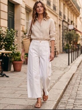 Anthropologie Wide Leg White Jeans Raw Hemline 
Size 30 Coastal Chic
